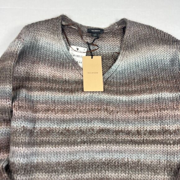 Halogen V-Neck Sweater Chunky Knit Espresso Striped Cozy Chic Pullover SMALL NWT - Picture 3 of 11